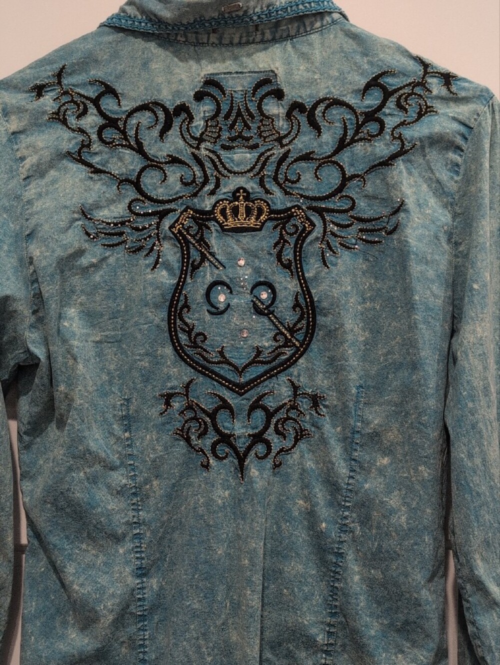 Roar Teal Washed Denim Embroidered Shirt Jacket - Picture 11 of 13
